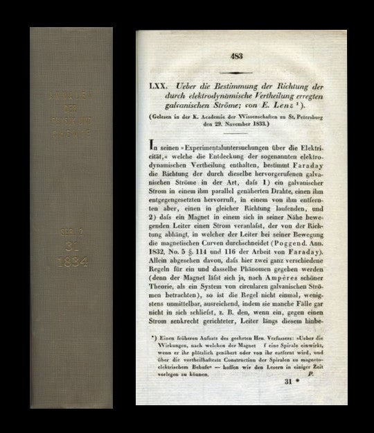 Item #752 Ueber die Bestimmung der Richtung der durch elektrodynamische Vertheilung erregten galvanischen Ströme in Annalen der Physik und Chemie, s. 2, Bd. 31, 1834. E. Lenz, Heinrich Friedrich Emil.