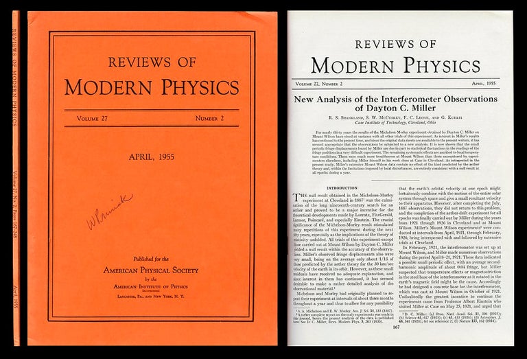 Item #778 New Analysis of the Interferometer Observations of Dayton C. Miller in Reviews of Modern Physics 27, No. 2, April 1955, pp. 167-179. R. S. Shankland, Robert Sherwood.