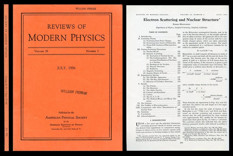Item #797 Electron Scattering and Nuclear Structure in Reviews of Modern Physics 28, 1956, pp. 214-254. Robert Hofstadter.