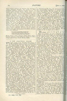 Item #811 A New Analytical Engine in Nature 81, 1909, pp. 14-15. C. V. Boys, P. E. Ludgate,...