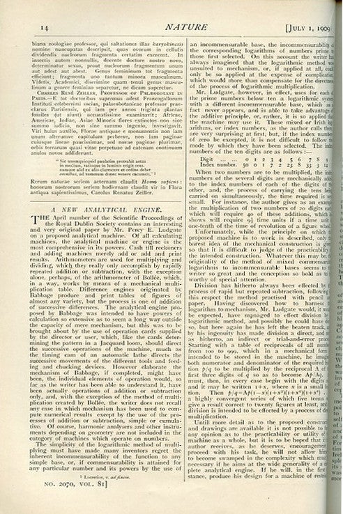 Item #811 A New Analytical Engine in Nature 81, 1909, pp. 14-15. C. V. Boys, P. E. Ludgate, Charles Vernon.