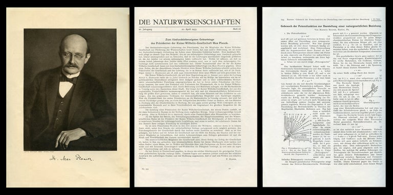 Item #856 Zum fünfundsiebenzigsten Geburtstage des Präsidenten der Kaiser Wilhelm-Gesellschaft Max Planck in Die Naturwissenschaften, Volume 21, Issue 16, 1933, p. 293 [Complete issue]. Fritz Haber.