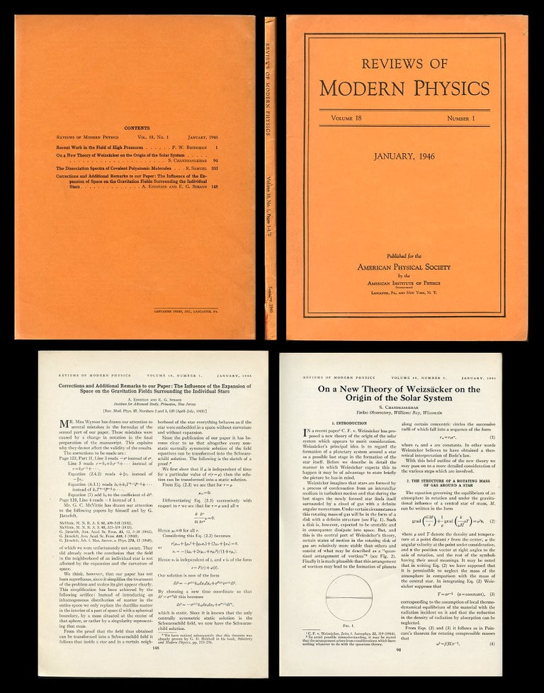 Item #858 Corrections and Additional Remarks to Our Paper (Einstein & Strauss) WITH On a New Theory of Weizsäcker on the Origin of the Solar System in Reviews of Modern Physics, 18, January 1946, pp. 148-149; pp. 94-103. Albert Einstein, Ernst G. Straus AND Chandrasekhar S.