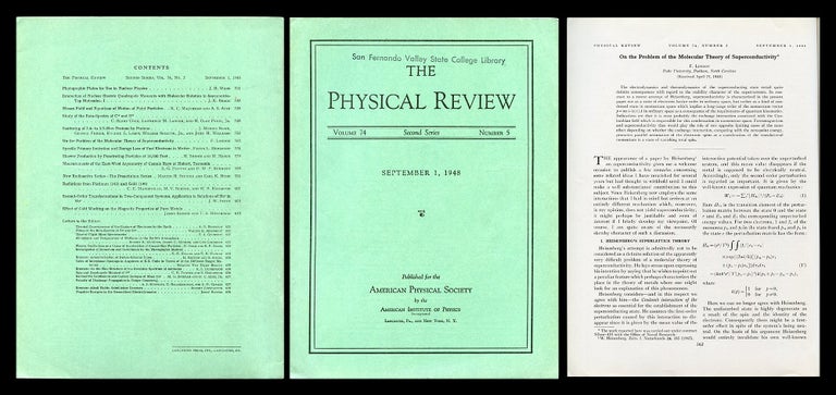 Item #878 On the Problem of the Molecular Theory of Superconductivity in Physical Review 74, 5, 1948, pp. 562-574. F. London, Fritz.