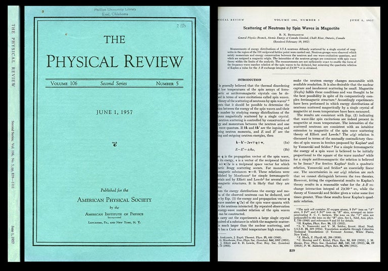 Item #879 Scattering of Neutrons by Spin Waves in Magnetite in Physical Review, Volume 106, No. 5, June 1, 1957, pp. 859-865. B. N. Brockhouse, Bertram N.