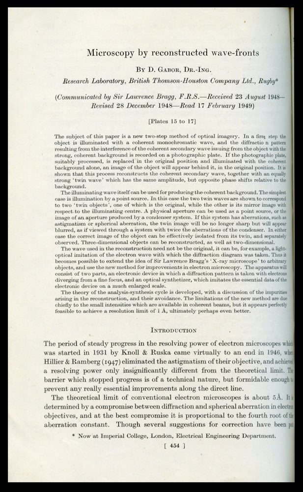 Item #924 Microscopy by Reconstructed Wavefronts in Proceedings of the Royal Society London A 197, 1949, pp. 454–487. Dennis Gabor, D.