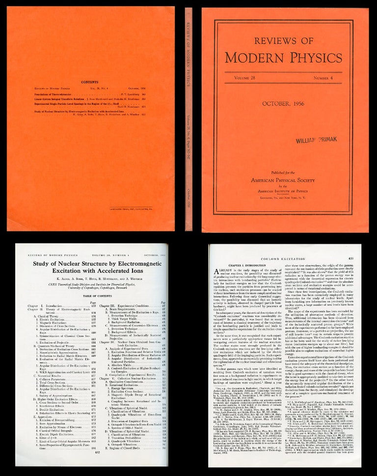 Item #958 Study of Nuclear Structure by Electromagnetic Excitation with Accelerated Ions in Reviews of Modern Physics 28, 4, October, 1956, pp. 432-542. Kurt Alder, Aage Bohr, T. Huss, Ben Mottelson, Aage Winther.