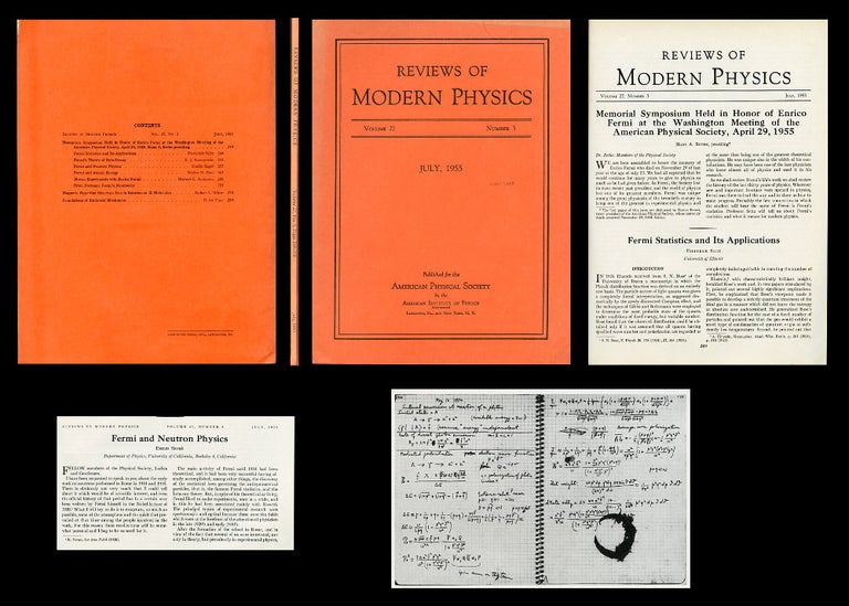 Item #960 Memoriam Symposium Held in Honor of Enrico Fermi at the Washington Meeting of the American Physical Society, April 29, 1955. Hans A. Bethe Presiding in Reviews of Modern Physics, Vol. 27, Issue #3, July, 1955, pp. 249-276. Enrico Fermi, Hans A. Bethe, Emilio Segré, Frederick Seitz, E. J. Konopinski, Walter H. Zinn, Herbert L. Anderson.