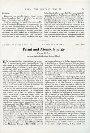 Memoriam Symposium Held in Honor of Enrico Fermi at the Washington Meeting of the American Physical Society, April 29, 1955. Hans A. Bethe Presiding in Reviews of Modern Physics, Vol. 27, Issue #3, July, 1955, pp. 249-276