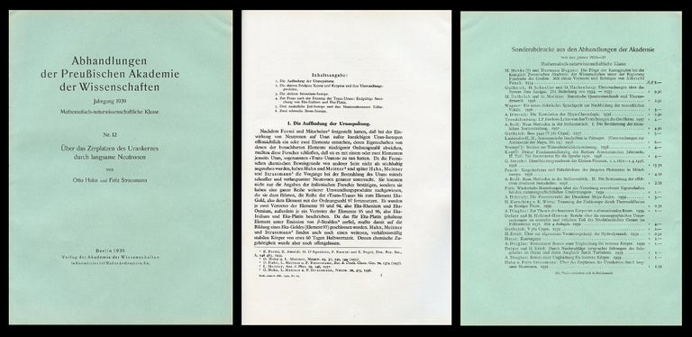 Item #971 Uber das Zerplatzen des Urankernes durch langsame Neutronen, Offprint from Abhandlungen der Preussischen Akademie der Wissenschaften, 1939 (NEAR FINE CONDITION). Otto Hahn, Fritz Strassmann.