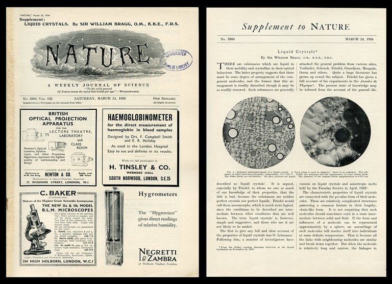 Item #973 Liquid Crystals [Special Supplement] in Nature 133, No. 3360, March 24, 1934. Sir William Bragg.