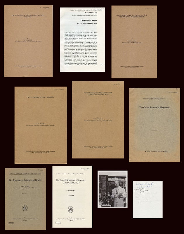 Item #98 The Crystal Structure of Molybdenite (1923), The Structure of Sodalite and Helvite (1930), The Structure of Some Sodium and Calcium Aluminosilicates (1930), The Structure of the Chlorites (1930), The Structure of the Micas and Related Minerals (1930), The Crystal Structure of Zunyite (1933), On the Stability of the S8 Molecule and the Structure of Fibrous Sulfur (1949), and The Stochastic Method and the Structure of Proteins (1953). Linus Pauling.
